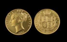 Queen Victoria Young Head Shield Back 22ct Gold Full Sovereign - Date 1884.