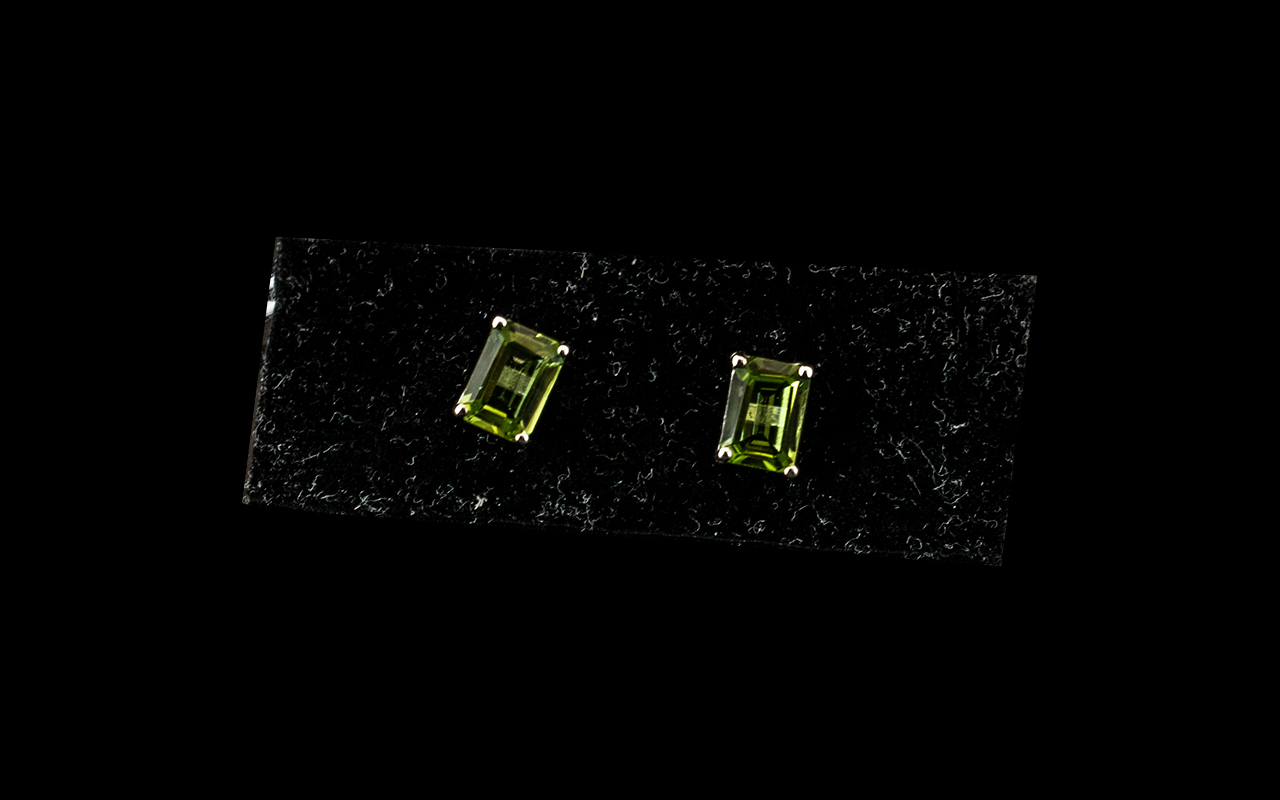 Pair of Peridot Stud Earrings of unusual style being octagon cut solitaires of 1ct each,