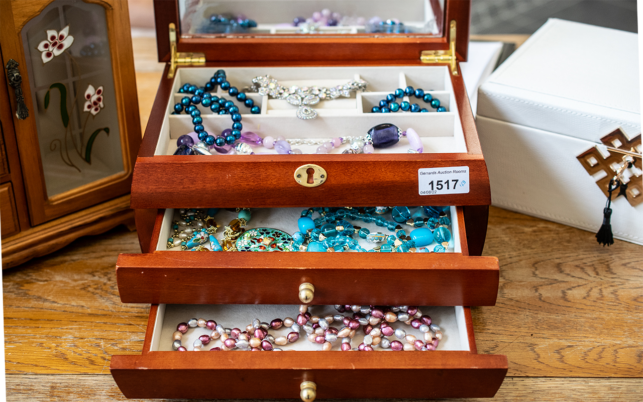 Three Quality Jewellery Boxes, comprising a wooden inlaid box withy mirror interior and two drawers, - Image 2 of 3