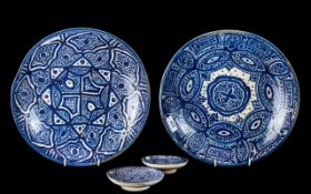 Pair of Islamic Blue & White Shallow Bowls, soft paste, geometric design. Diameter 13'', odd chips