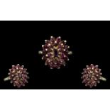 Ladies 9ct Gold Large Garnet Set Dress Ring, Flower head Setting. Garnets of Fire Red Colour.