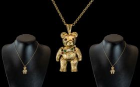 9ct Gold Reticulated Gem Set Small Bear Pendant with Attached 9ct Gold Pendant.