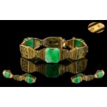 Antique Period - Superb Quality Chinese 22ct Gold Jade Set Bracelet, Marks to Clasps,