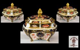 Royal Crown Derby Fine Hand Painted Imari Pattern Shaped Lidded Trinket Footed Jar of Small
