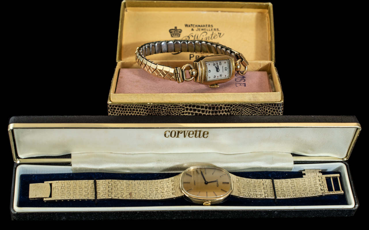 Gentleman's Corvette Wrist Watch, with gold tone bracelet, Arabic numerals on gold face,