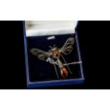 Silver Dragonfly Brooch With Amber Eyes, Head And Body, Length 2.