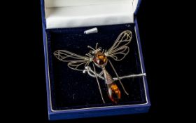 Silver Dragonfly Brooch With Amber Eyes, Head And Body, Length 2.