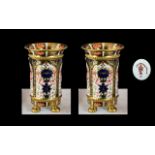 Royal Crown Derby Pair of Fine Imari Pattern 22ct Solid Gold Band Footed Vases. Date 1915.