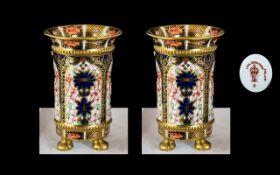 Royal Crown Derby Pair of Fine Imari Pattern 22ct Solid Gold Band Footed Vases. Date 1915.