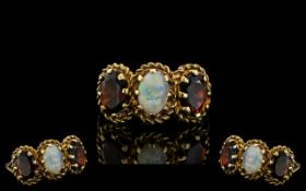 Ladies Attractive 9ct Gold - 3 Stone Opal and Garnet Set Ring, Ornate - Wired Setting.