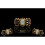 Ladies Attractive 9ct Gold - 3 Stone Opal and Garnet Set Ring, Ornate - Wired Setting.