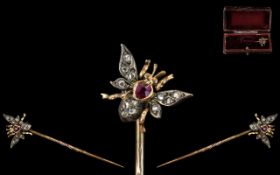 Antique Period - Scarce 18ct Gold Ruby and Rose Cut Diamond Set Insect Topped Stick Pan.