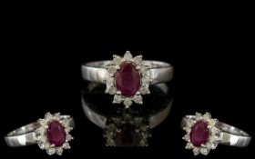 Ladies - 14ct White Gold Diamond and Ruby Set Ring, Marked 14ct to Interior of Shank.