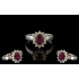 Ladies - 14ct White Gold Diamond and Ruby Set Ring, Marked 14ct to Interior of Shank.