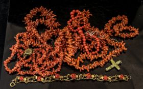 Small Collection of Coral, comprising a triple strand necklace, a long single strand necklace,