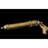Islamic Pen/Scroll/Message Holder, in pierced brass with tassels. Measures 13" length.