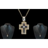 Ladies 18ct Gold - Good Quality Contemporary Diamond and Sapphire Set Small Cross - Attached to a