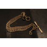 Antique Period Gold Plated Double Albert Watch Chain with T-Bar. Length 18 Inches - 45 cms.