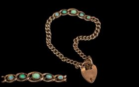 Antique Period 9ct Gold Curb Bracelet Set with 5 Opals of Good Colour, With 9ct Gold Padlock.