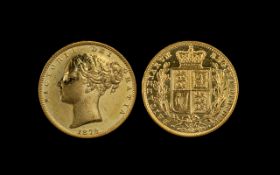 Queen Victoria Young Head - Shield Back 22ct Gold Full Sovereign. Sydney Mint - Date 1878.