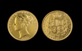 Queen Victoria 22ct Gold Full Sovereign Young Head / Shield Back - Date 1863.