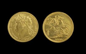George IV Laurel Head St George Dragon 22ct Gold Full Sovereign - Date 1822.