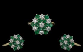 Ladies 9ct Gold - Attractive Emerald and Diamond Set Cluster Ring,