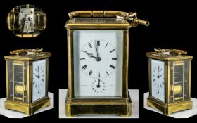 French - Brass Cased Eight Day Striking and Repeating Carriage Clock with Alarm,