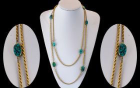 Antique Period - Superb 15ct Gold Rope Twist Muff Chain, Set with Turquoise Mounted Stones,