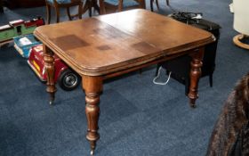 Mahogany Dining Table column legs raised on casters. Centre leaf missing, table measures 47" x 40".
