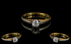 18ct Yellow Gold Single Stone Diamond Set Ring. The Cushion Cut Diamond of Good Colour / Clarity.