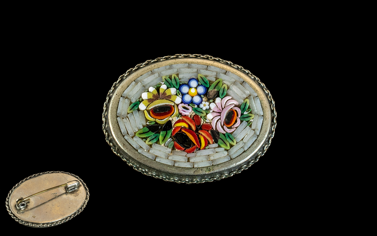 Antique Italian Mosaic Brooch, set in sterling silver, floral inlaid micro mosaic design,