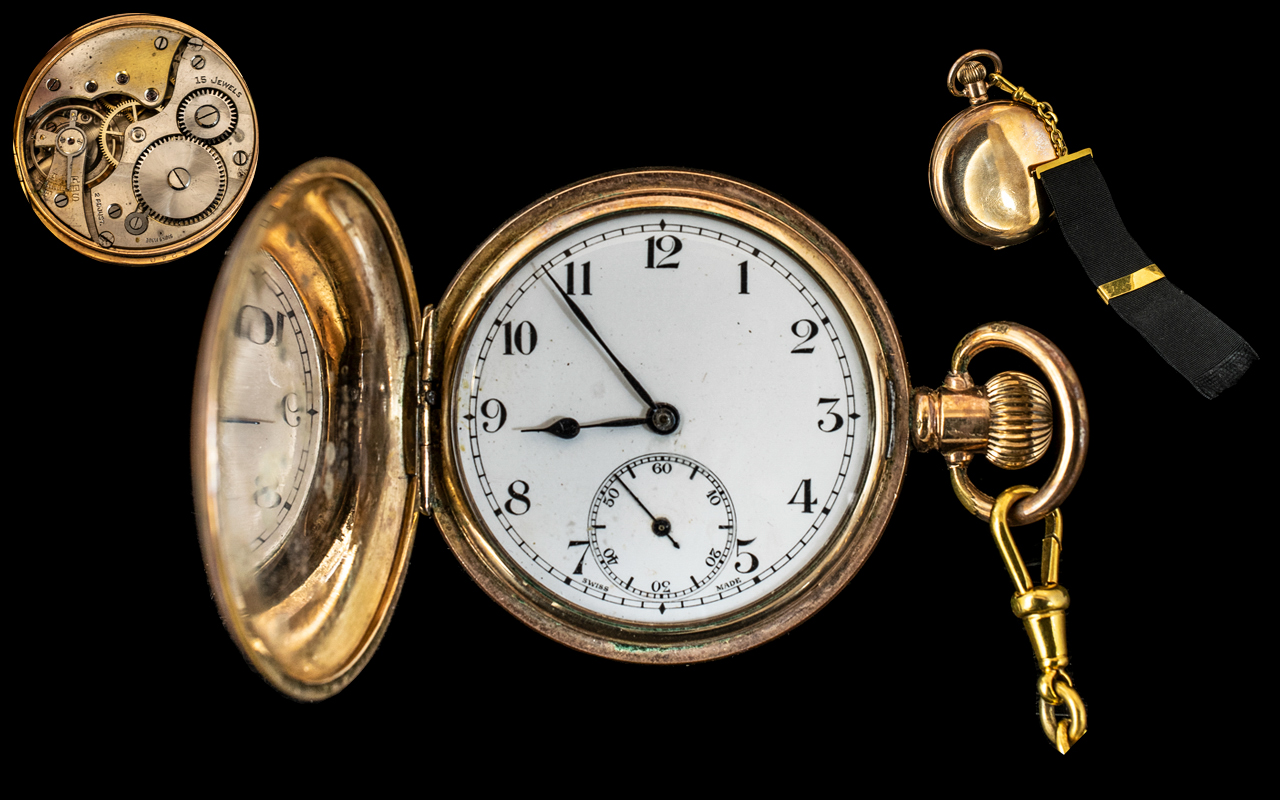 Swiss Man Early 20th Century - Keyless Gold Filled Full Hunter Pocket Watch with Accessories (