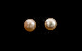 Natural Pale Peach Cultured Pearl Stud Earrings, single, peach, fresh water pearls set in silver