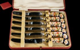 Royal Crown Derby Boxed Set of Six Imari Handle Butter Knifes.