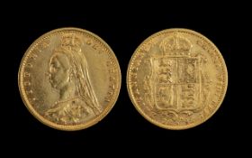 Queen Victoria Jubilee Head Shield Back 22ct Gold Half Sovereign - Date 1892.