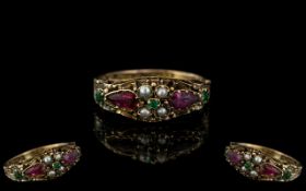 Victorian Period - Attractive 9ct Gold Emerald Seed Pearl Garnet Set Ring, Exquisite Setting.