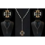 18ct Two Tone Gold - Diamond Set Maltese Cross with Integral 18ct White Gold Pearl Set Chain and