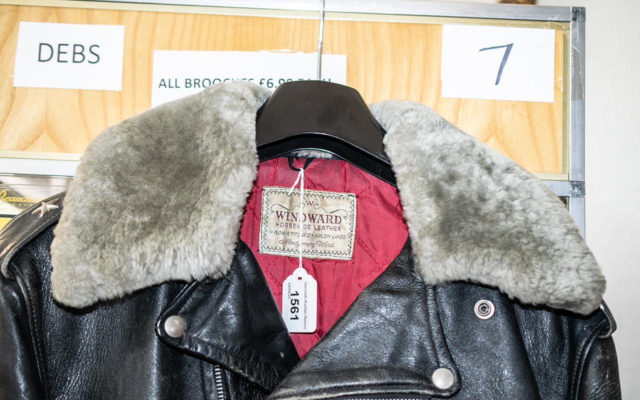 1950's Leather Windward Motorcycle Jacket, horsehide leather, black flying jacket style, fur collar, - Image 2 of 2