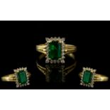 Ladies 18ct Gold - Attractive Emerald and Diamond Set Dress Ring.