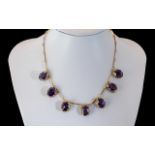 Antique Period - Attractive and Good Quality 14ct Gold Amethyst Set Necklace. Marked 14ct.