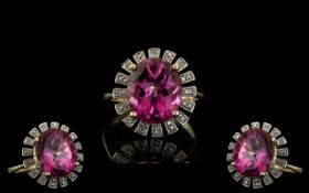 Ladies 9 ct Gold - Attractive 1970's Pink Stone and Diamond Set Cluster Ring.