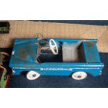 A Triang Pedal Car with painted blue white wheels with Bermuda Decal. Length 34 inches.
