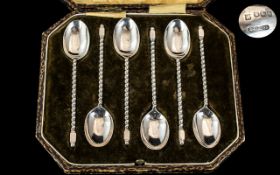 Boxed Set Of Six Silver Teaspoons With Barley Twist Handles Fully Hallmarked. Gross Weight 81 Grams.