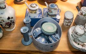 Collection of Wedgwood Blue Jasperware, comprising cups, trinket box, pin dishes etc.