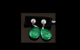Malachite and Fresh Water White Pearl Drop Earrings, pear cut drops of well marked malachite held