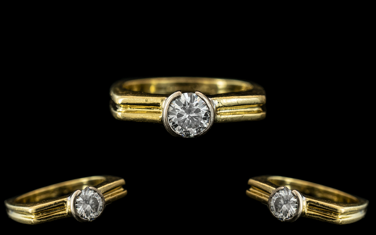 18ct Gold Superb Quality Single Stone Diamond Ring, Modern Setting. The Pave Set Round Brilliant Cut