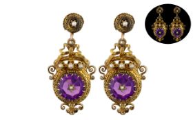 Late Georgian Period Superb Pair of 18ct Gold Amethyst and Seed Pearl Set - Ornate / Open worked