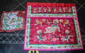 Chinese Vintage Wall Hanging, embroidered decoration with figures and dragons, measures 36" x 34.5".