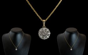 Ladies Attractive 9ct Gold Diamond Set Cluster Pendant - Attached to a 18ct Gold Chain.